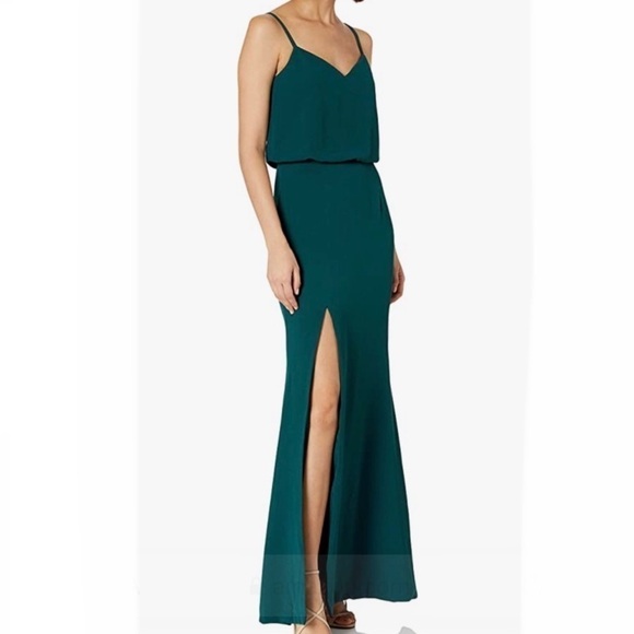 Dress the Population Gracelyn Blouson Jersey Maxi Gown Thigh High Slit Pine S - Picture 1 of 11